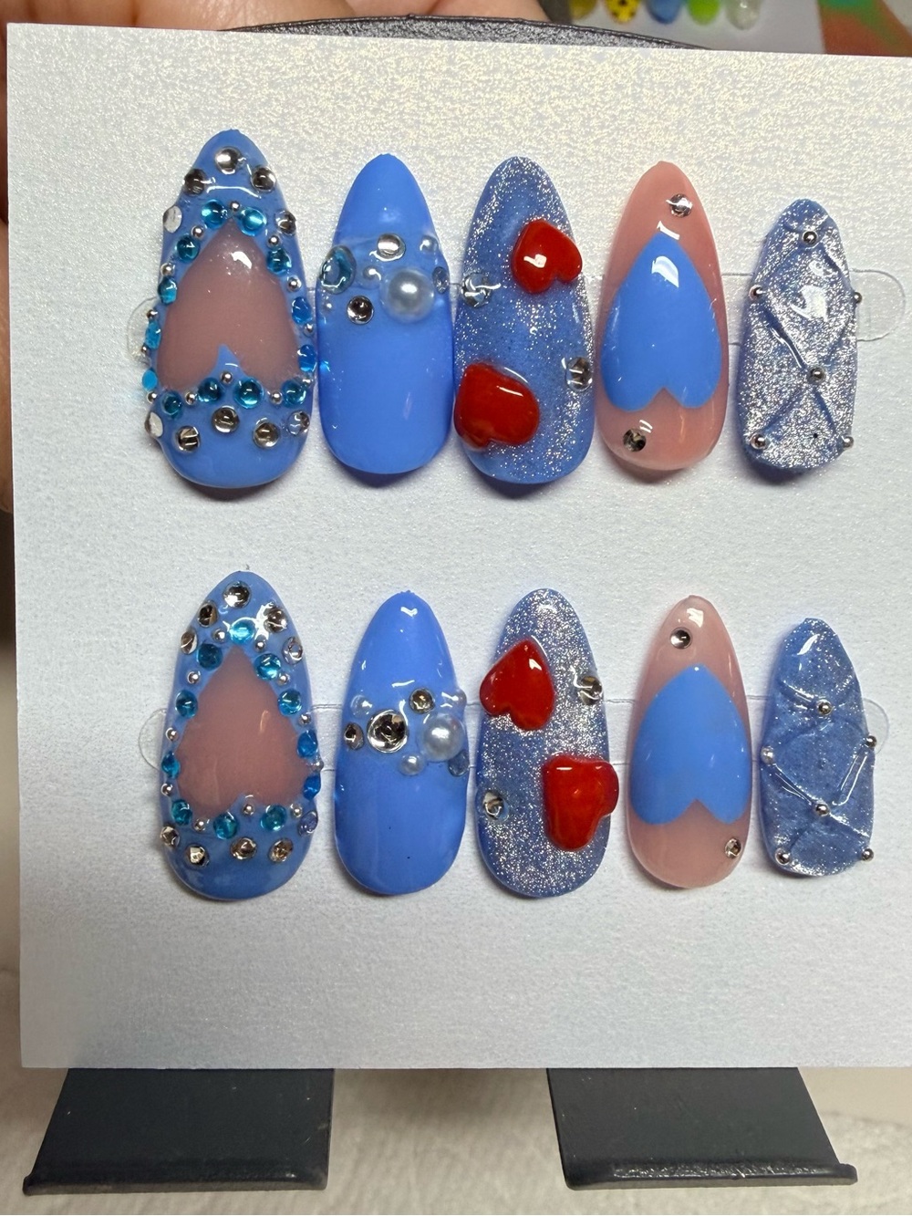 Medium almond Blue & Pink Heart Accent Press-On Nail Set with Red Hearts